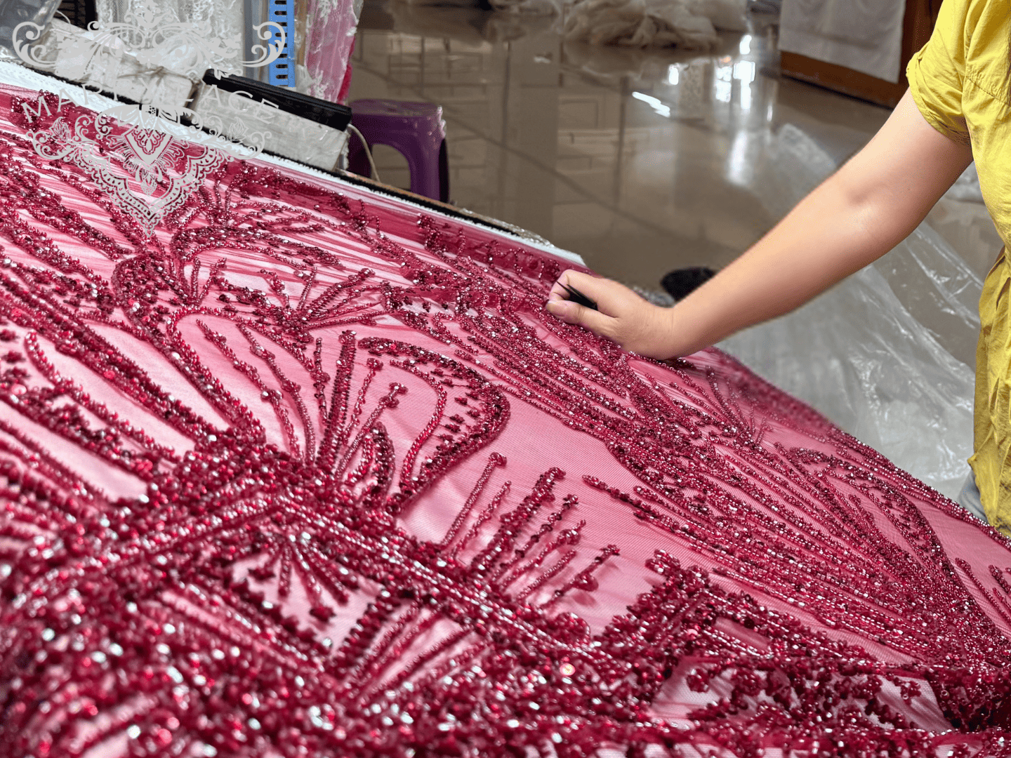 Quality control inspection station in lace factory