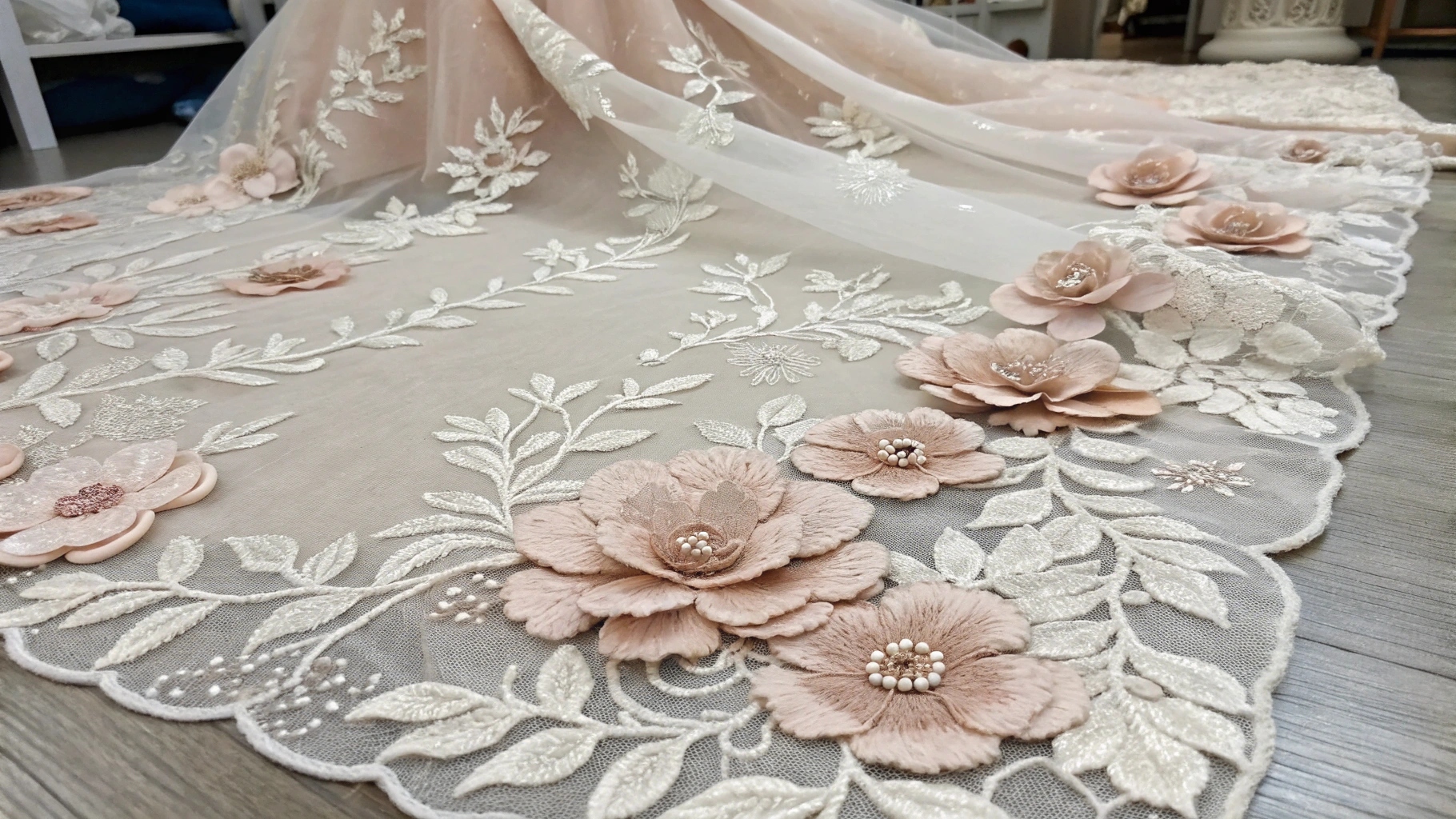 3D floral lace fabric with dimensional flowers