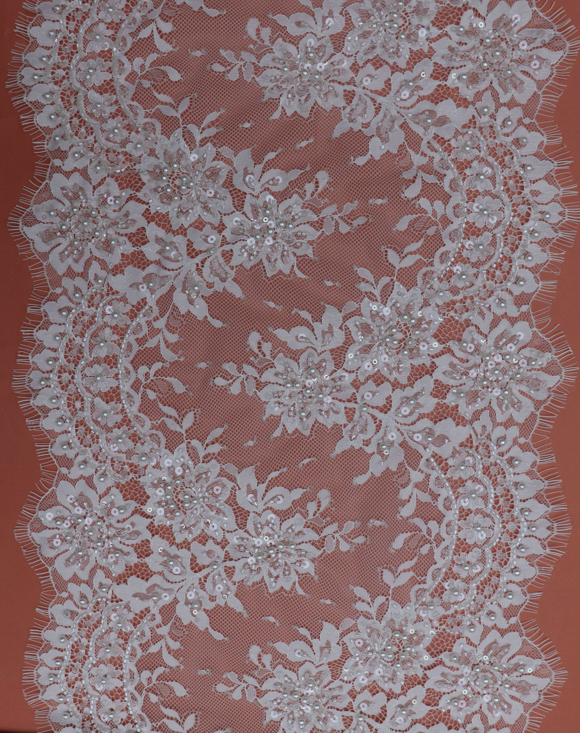wholesale french floral embroidered lace trim with beads & sequins, scalloped edge 34.5cm u5b5678xe