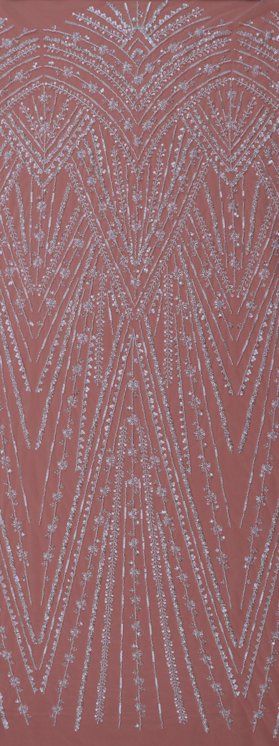 wholesale art deco chevron & floral lace with silver sequins, ivory mesh vtn805133f