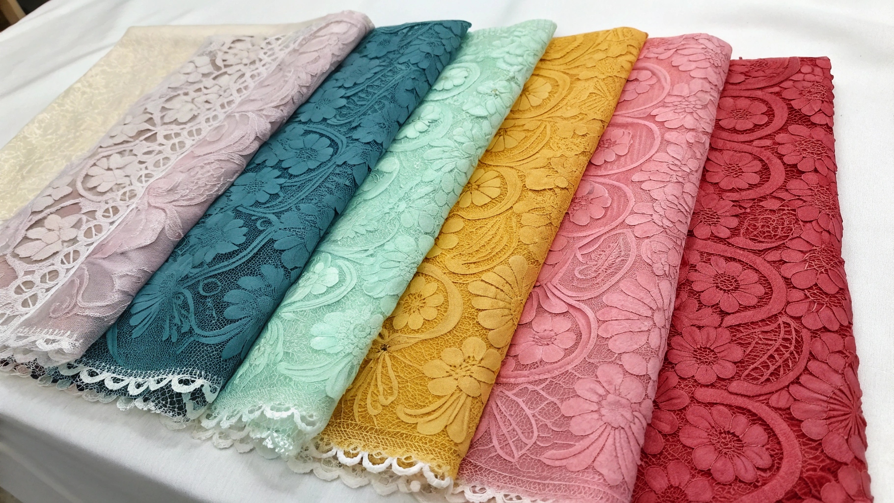 Custom colored lace fabric samples in various hues