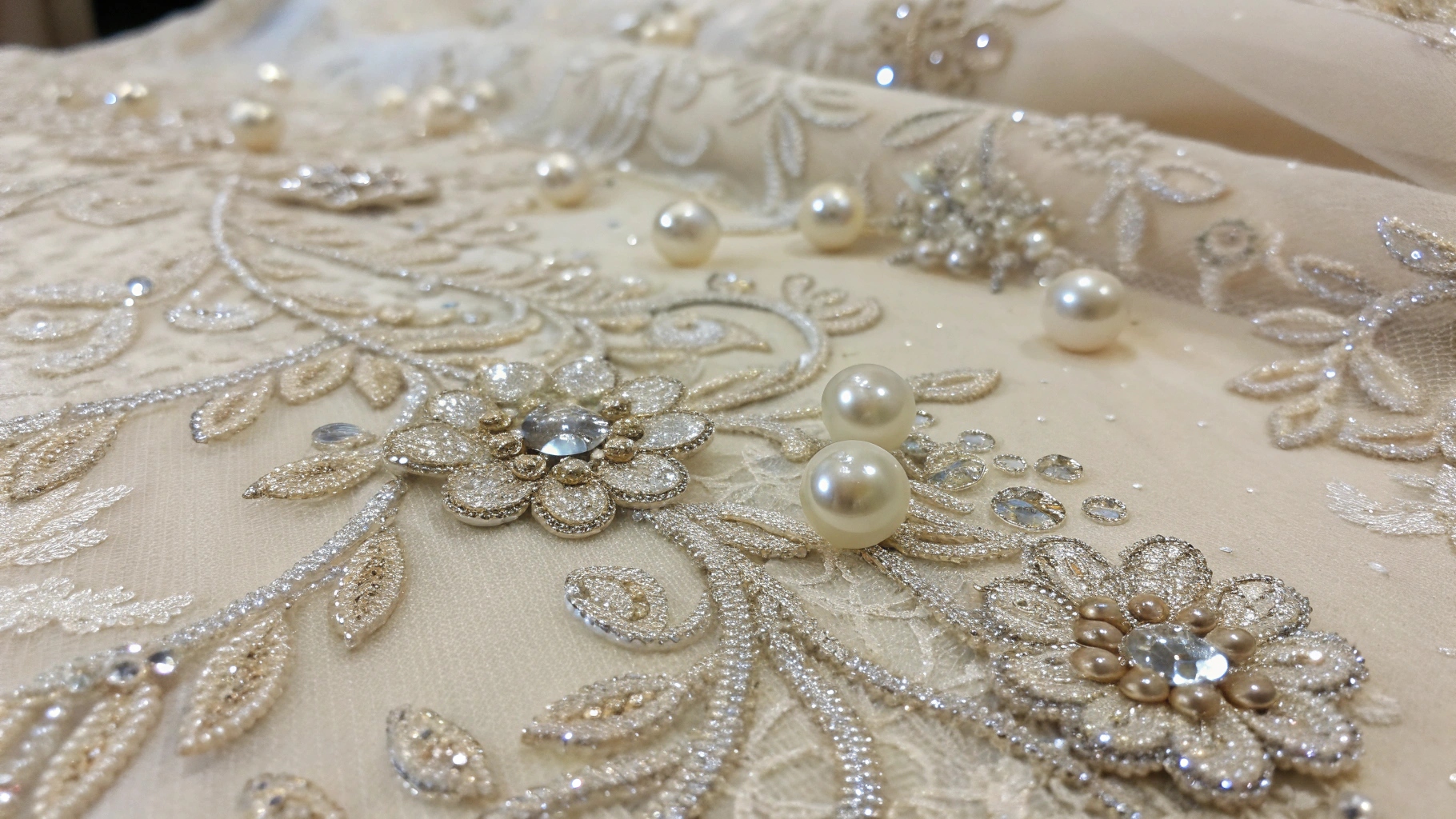 Luxury beaded lace fabric with crystals and pearls