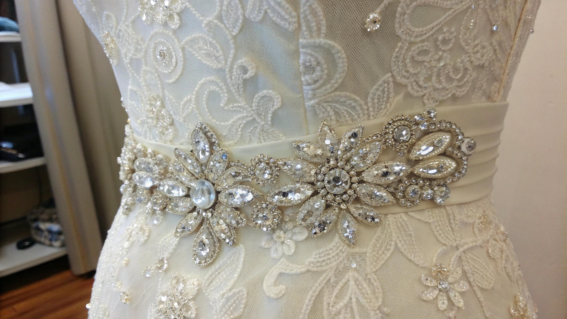 Sophisticated rhinestone applique on lace fabric
