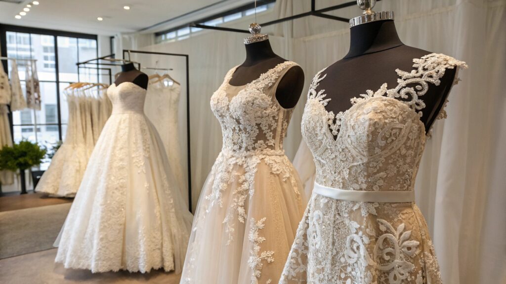 different wedding dress styles with lace overlays