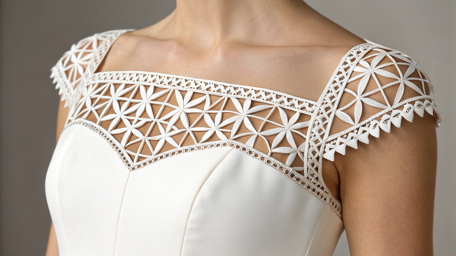 Laser-cut geometric lace trim for minimalist bridal wear Geometric laser-cut lace trim modern design
