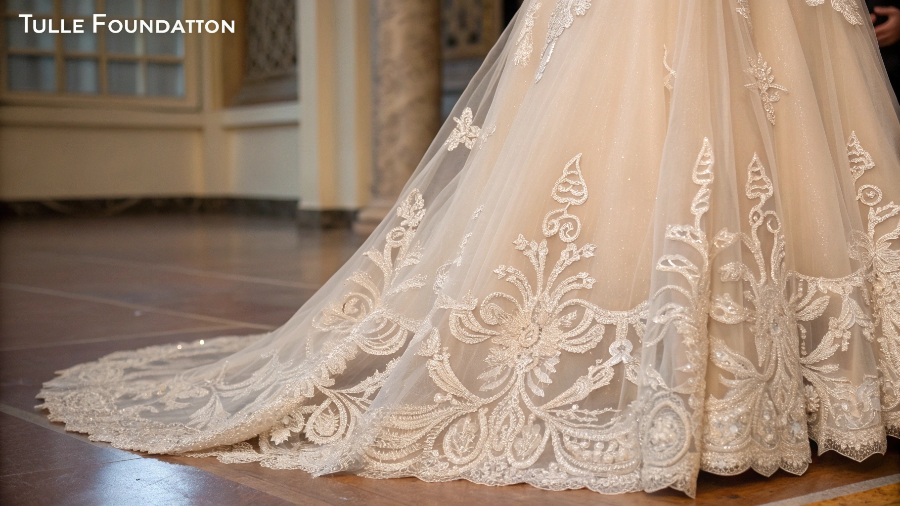 Tulle mesh structure supporting heavy embellishments structural integrity of tulle mesh