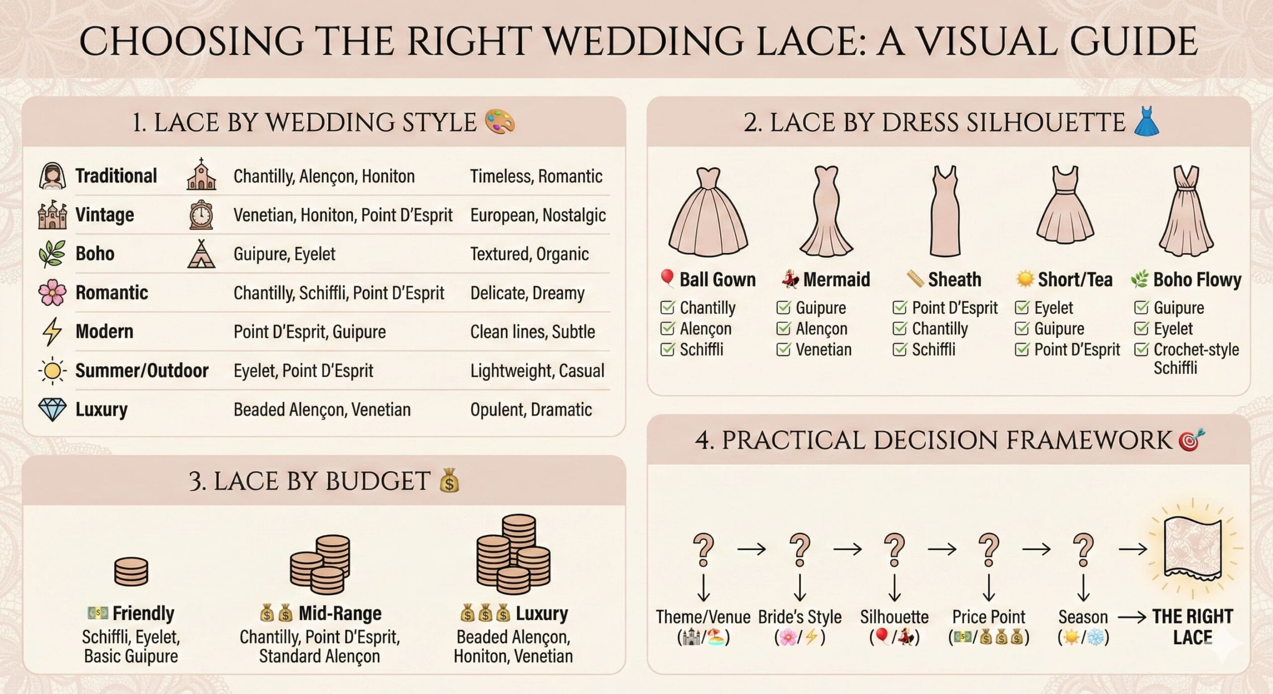 Bride selecting perfect wedding lace type Bride choosing lace fabric samples