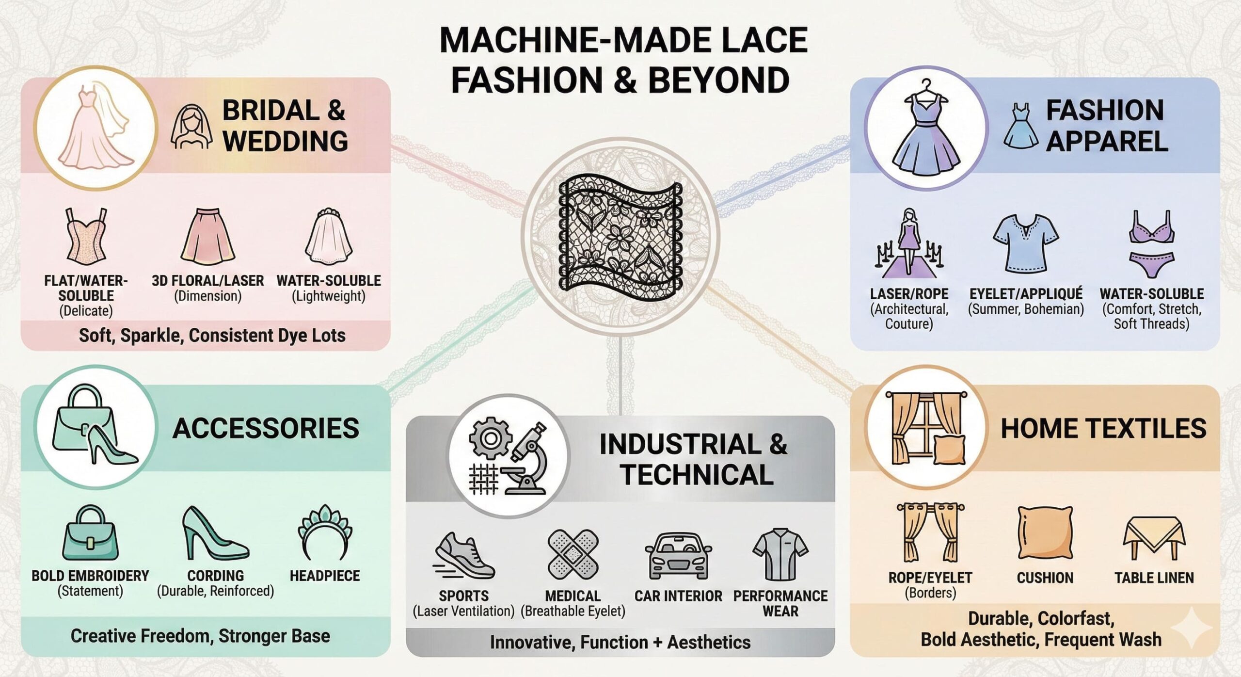 Various fashion items featuring machine embroidered lace Lace fabric applications in fashion